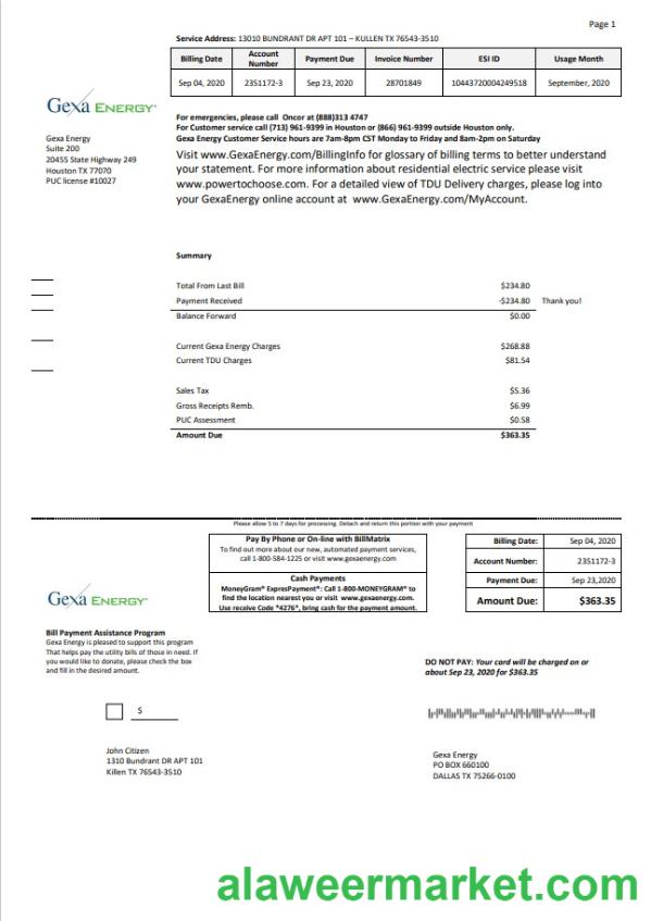 USA Texas Gexa Energy utility bill template in Word format